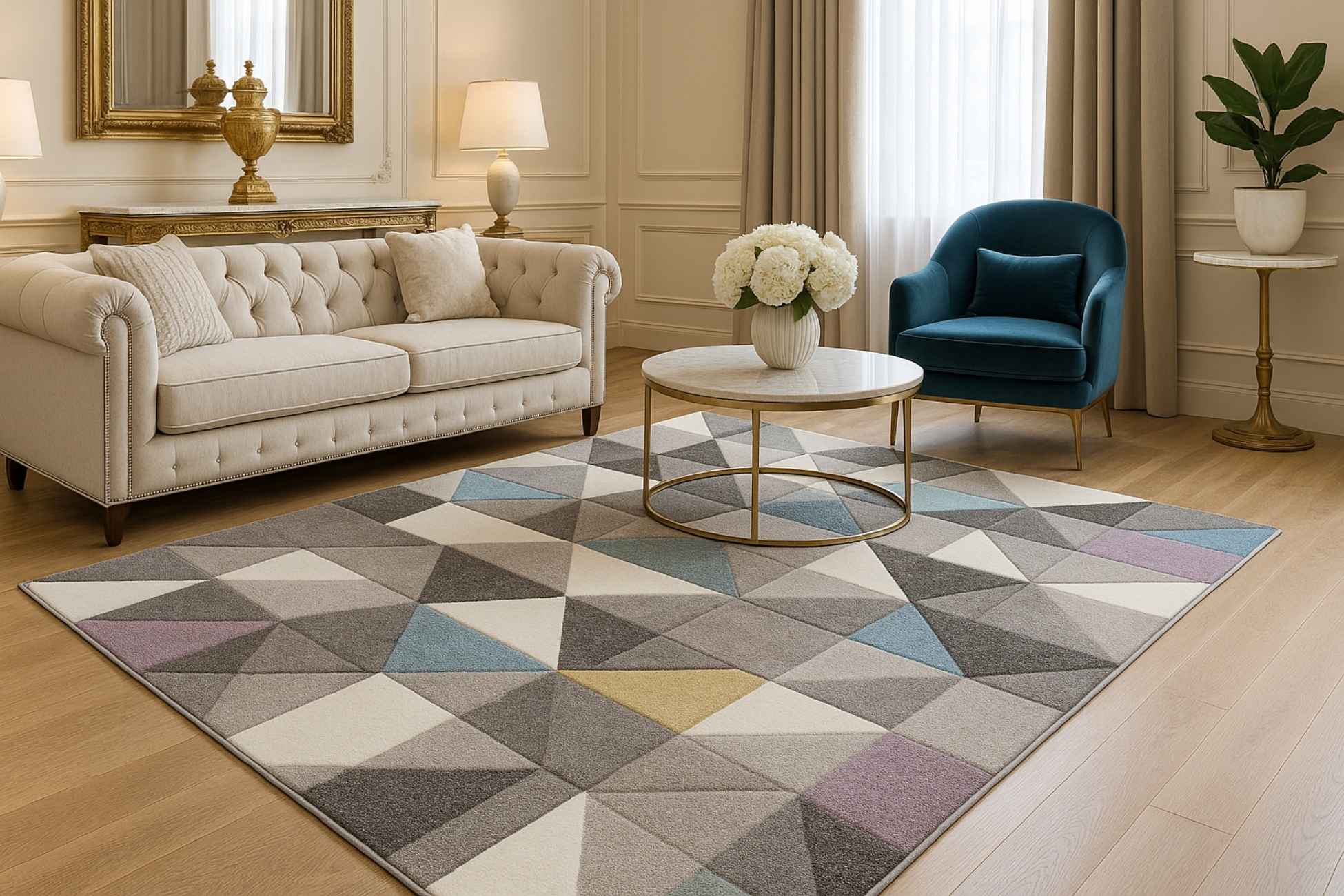 Luksuzna dnevna soba sa modernim tepihom u geometrijskom dizajnu u nijansama sive, plave i zlatne, okružena elegantnim nameštajem koji uključuje bež sofom sa dugmadima, tirkiznu baršunastu fotelju, mermerni sto sa cvećem i zlatne detalje u toplom prirodnom osvetljenju.